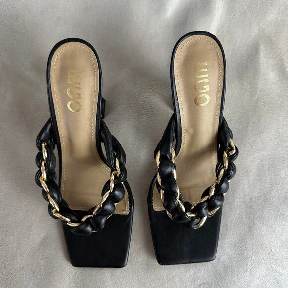 Chunky High Heels Black Braided Gold Square Toe Flare Heel Vegan Leather Size 7 - Picture 2 of 5